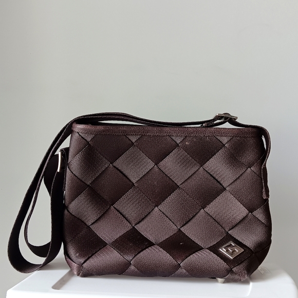 Maggie Bags Handbags - Maggie Bags Recycled Seatbelt Purse Shoulder Bucket Tote Espresso Brown Purple